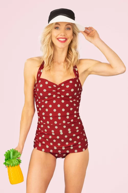 Esther Williams Klassiek badpak met polkadots in rood en wit