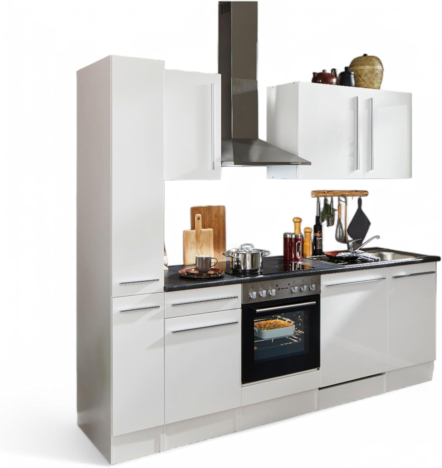 Stella Trading Jazz 8 Moderne Küchenzeile mit Elektrogeräten in Weiß Hochglanz, Metallic Grau - Geräumige Einbauküche mit viel Stauraum - 250 x 211 x 60 cm (B/H/T)