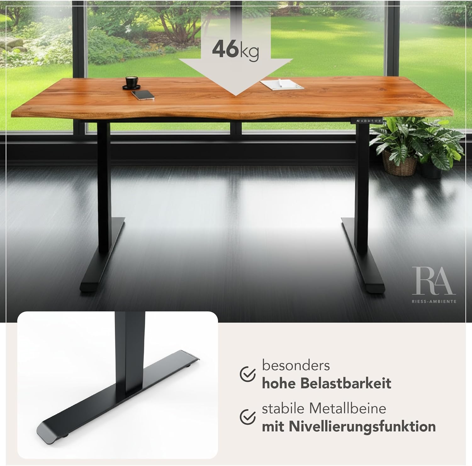 Riess Ambiente Höhenverstellbarer Schreibtisch Mammut - 160cm - Natur schwarz - Akazie Massivholz - elektrisch Baumkante