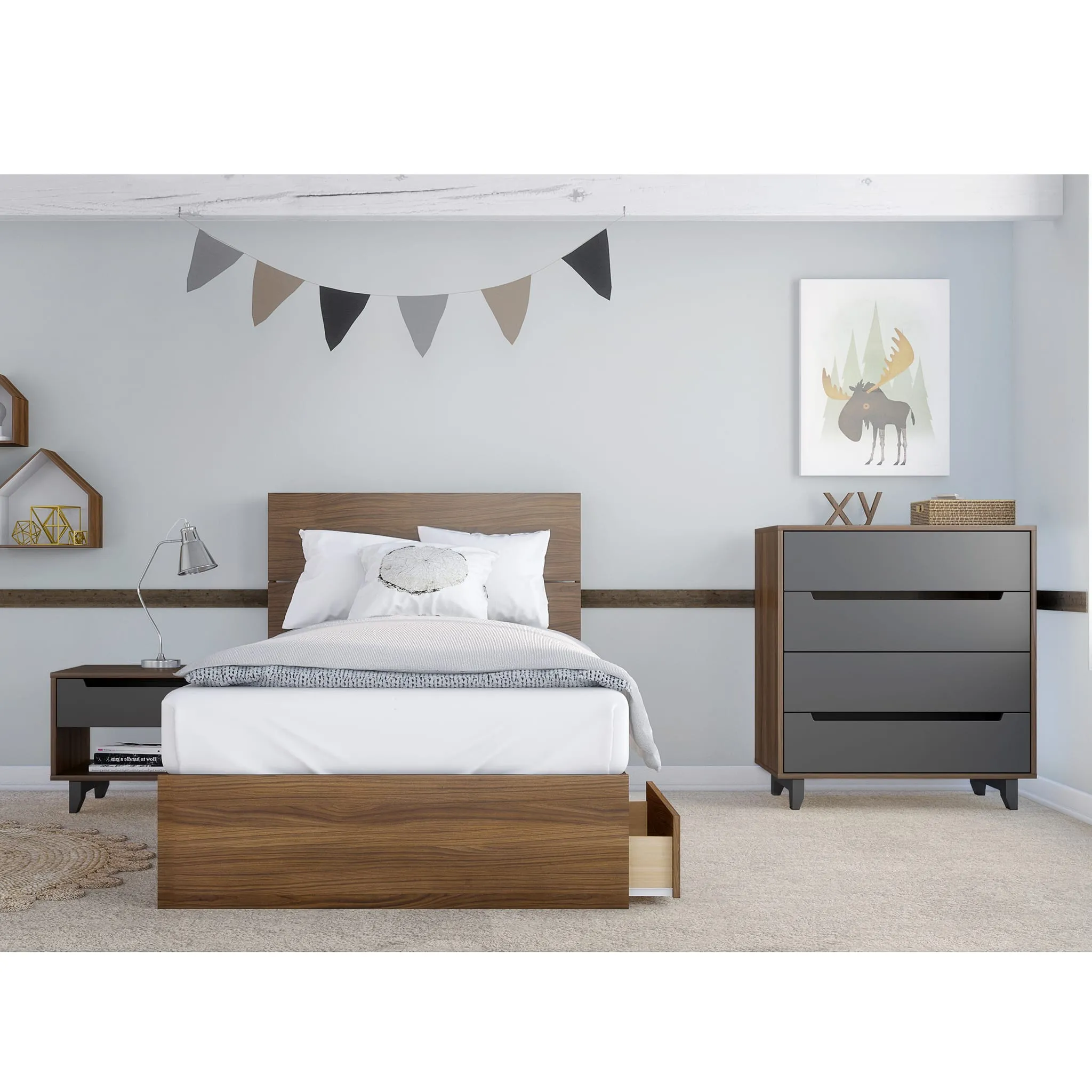 Nexera Table de Nuit Alibi - Noyer et Gris Charbon