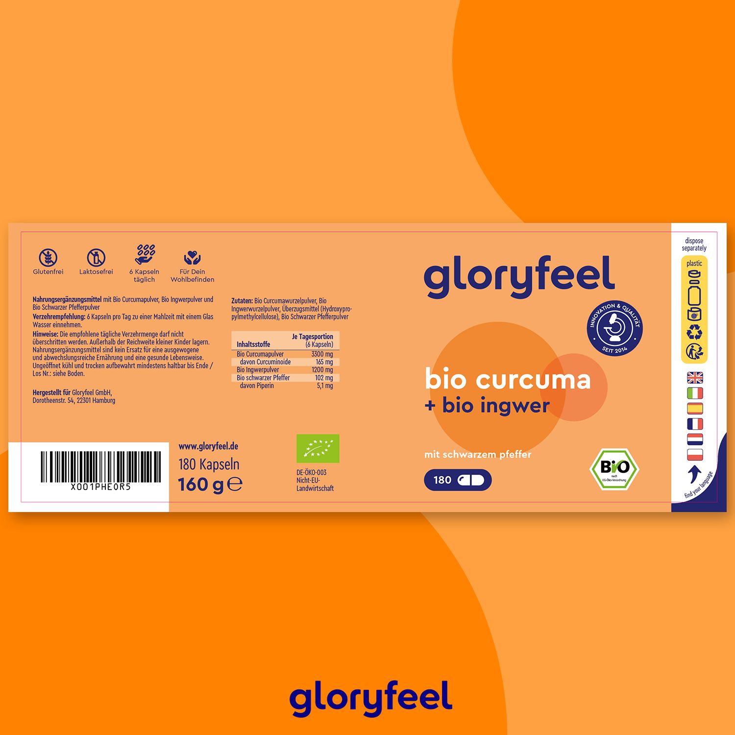 gloryfeel ® Bio Curcuma + Bio Ingwer Kapseln