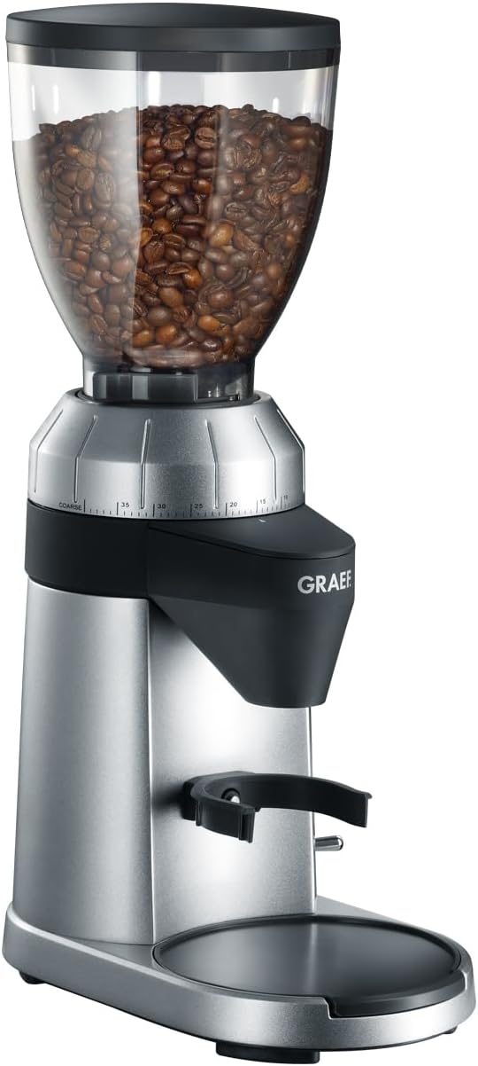 GRAEF CM800 - Elektrische Kaffeemühle, Aluminiumgehäuse, Bohnenbehälter 350 g, Edelstahl-Kegelmahlwerk, 40 Mahlgrade, Kaffeemühle Siebträger, Antistatik-Einsatz, Aluminium-Schaufelrad, 128 W, Silber