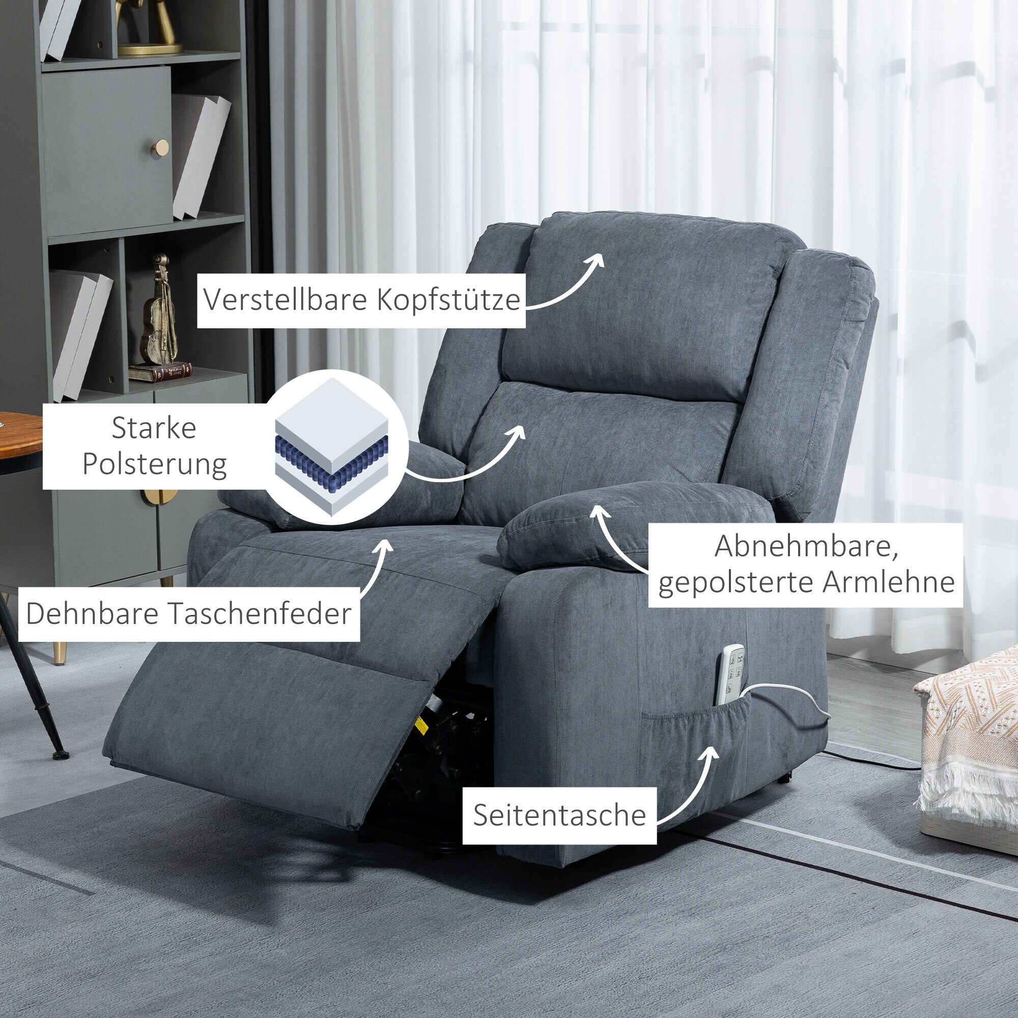 HOMCOM Aufstehsessel mit Liegefunktion grau 92L x 93B x 105H cm
