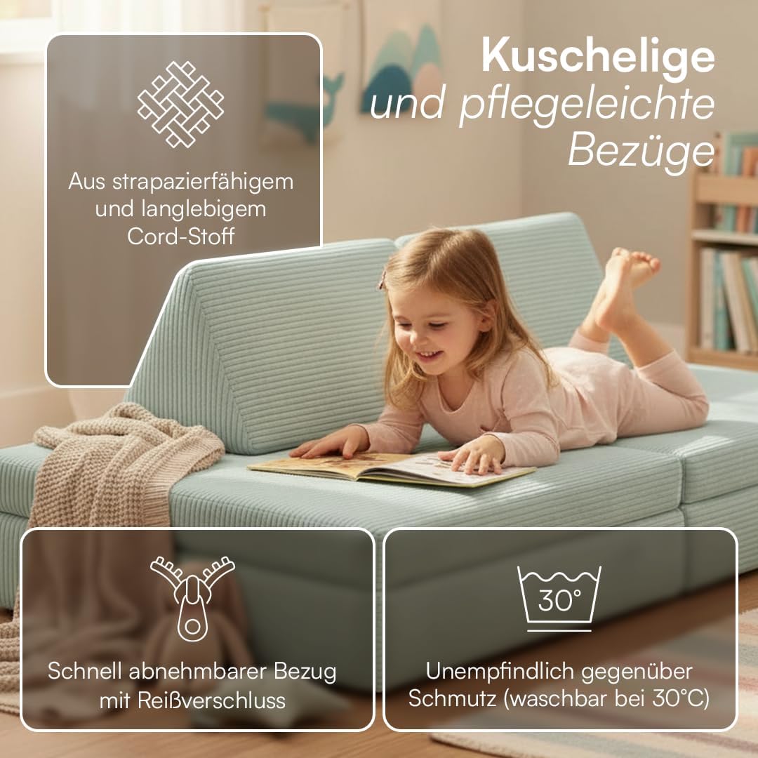 Bellabino Nile Spielsofa für Kinder – Kindersofa Cord in Türkis – Spielesofa aus Schaumstoff Bausteine – modulare Kindercouch ausklappbar – Spielcouch waschbarer Bezug – Sofa Kinderzimmer Kuschelecke