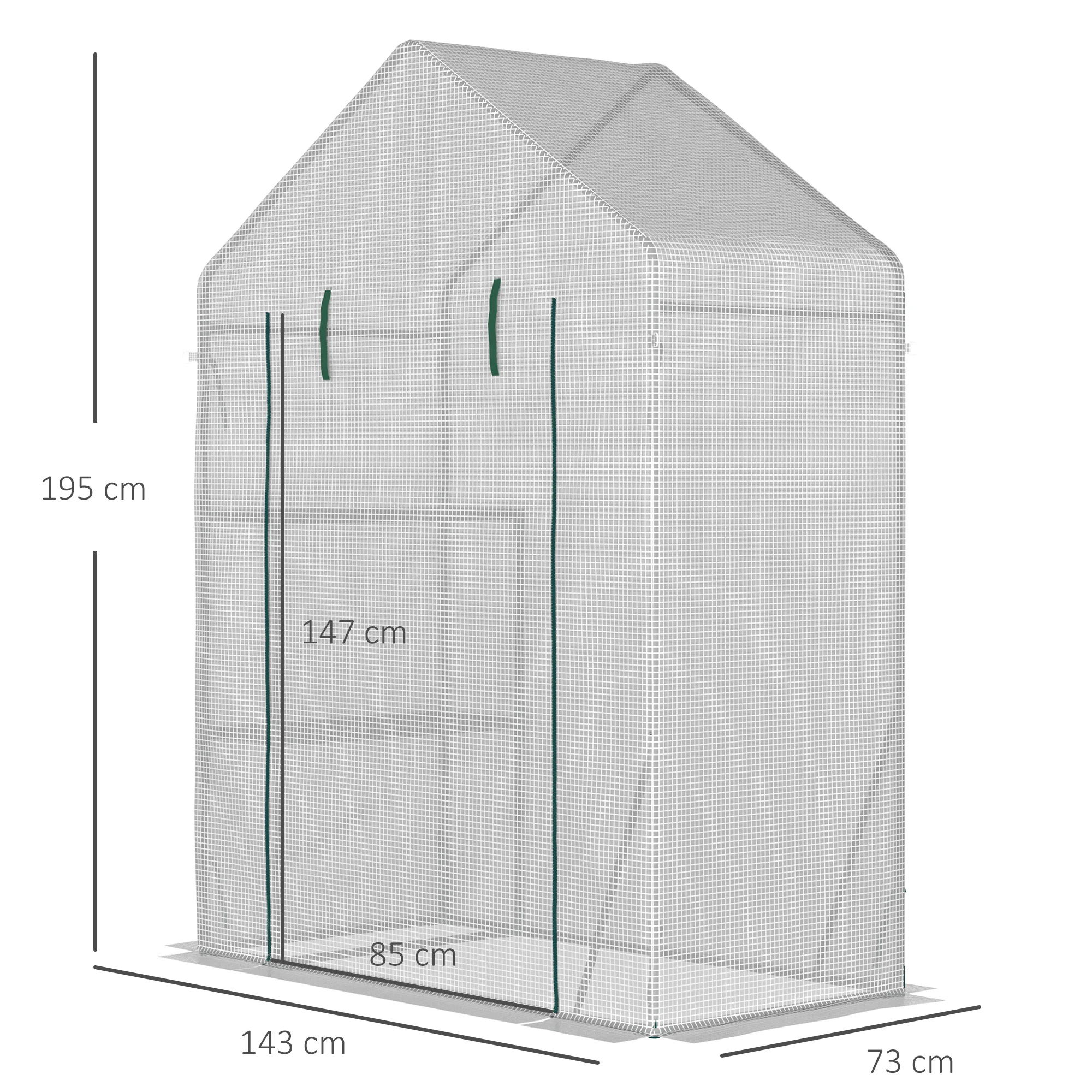 Estufa de jardim Outsunny, 143x73x195 cm, em aço, com 2 prateleiras e porta de enrolar, ideal para o cultivo de plantas, vasos e flores, perfeita para áreas externas, na cor branca.