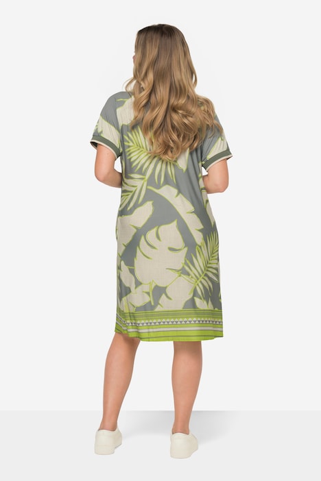 Jerseykleid, XL Blätter-Print, V-Ausschnitt, Halbarm