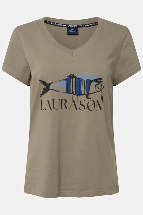 T-Shirt, Fisch Motiv, V-Ausschnitt, Halbarm