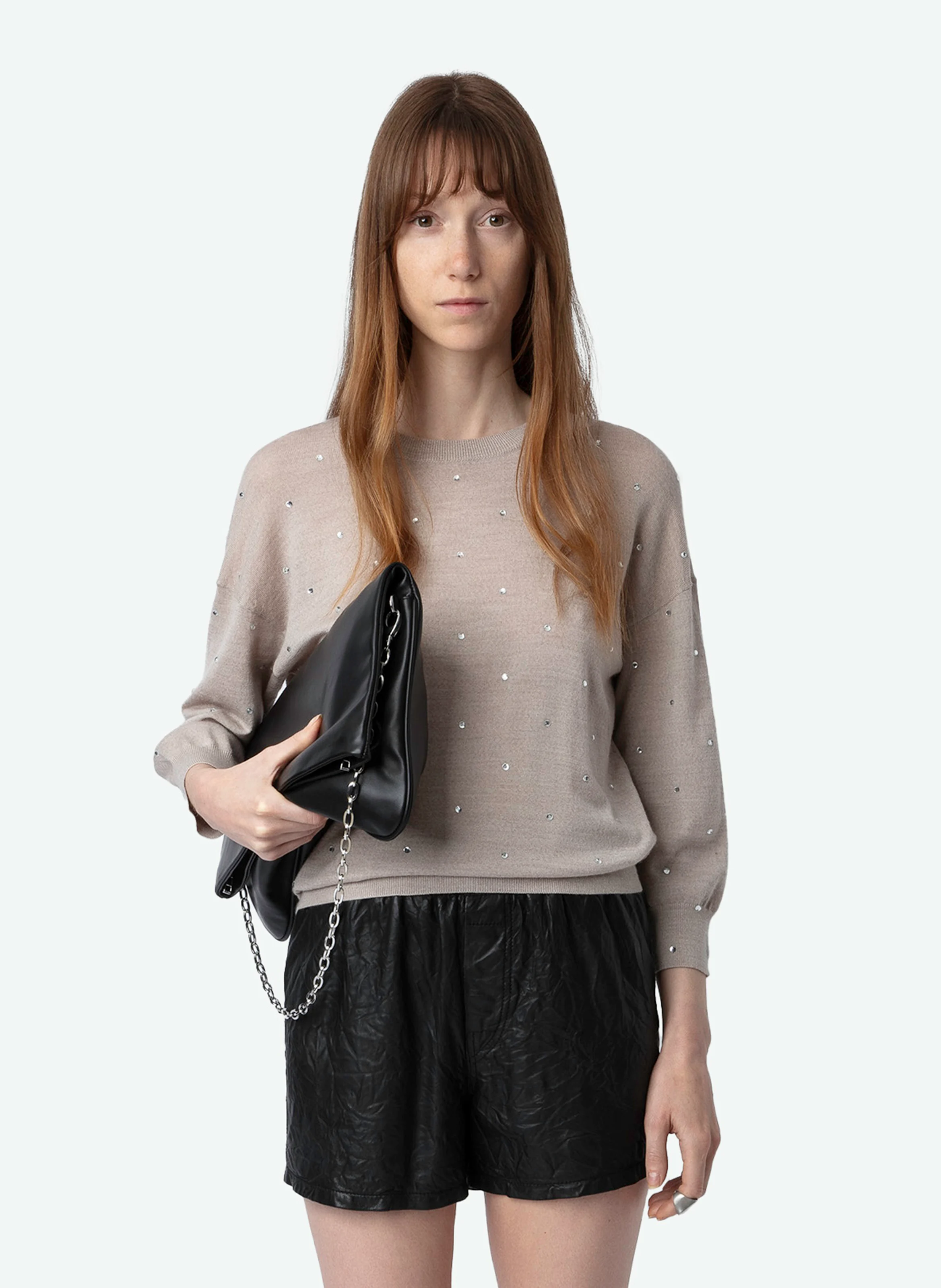 KANSY - Pull droit col rond en laine mérinos | Beige