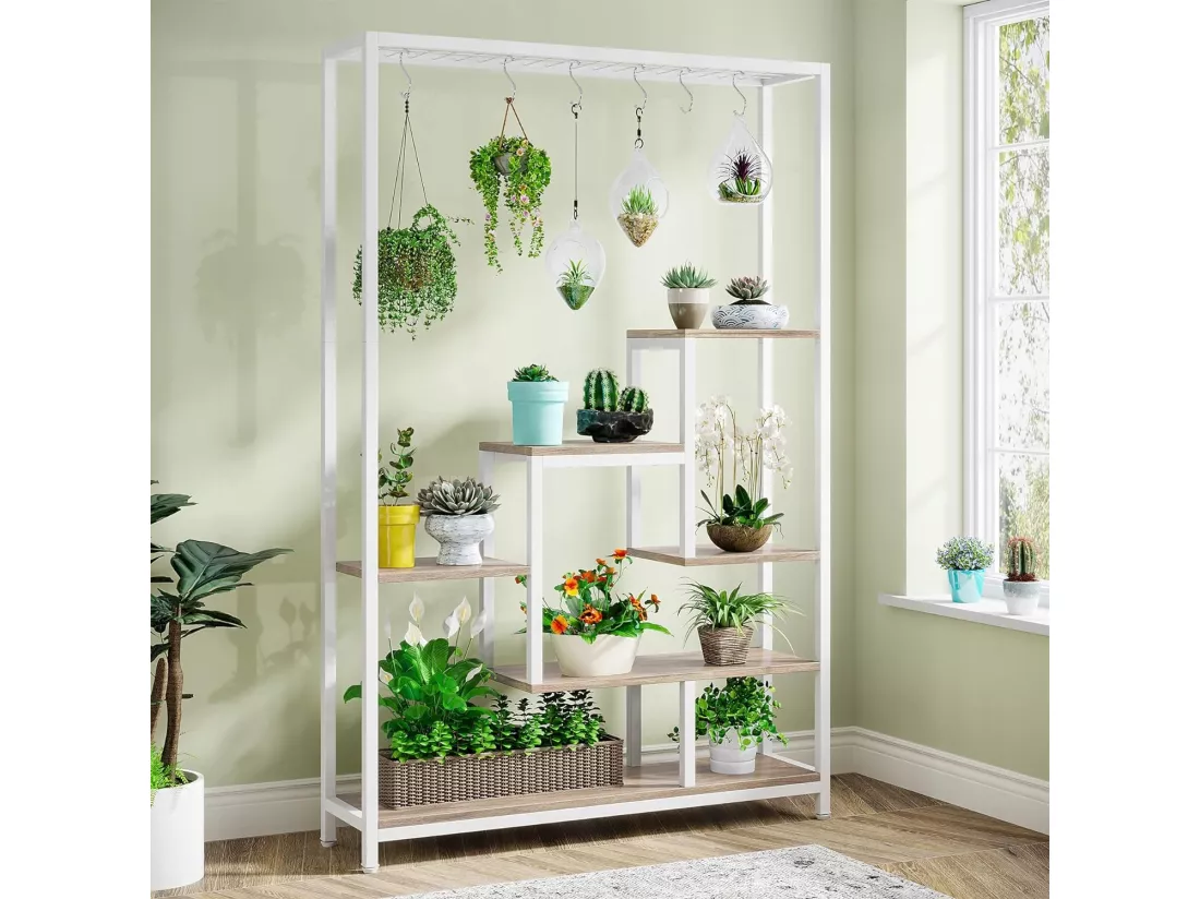 Support pour plantes d'intérieur à 5 niveaux, étagère en métal de 180,1 cm avec 10 crochets de suspension, support multifonction pour bonsaï de fleurs, pour intérieur, jardin, balcon (Blanc)