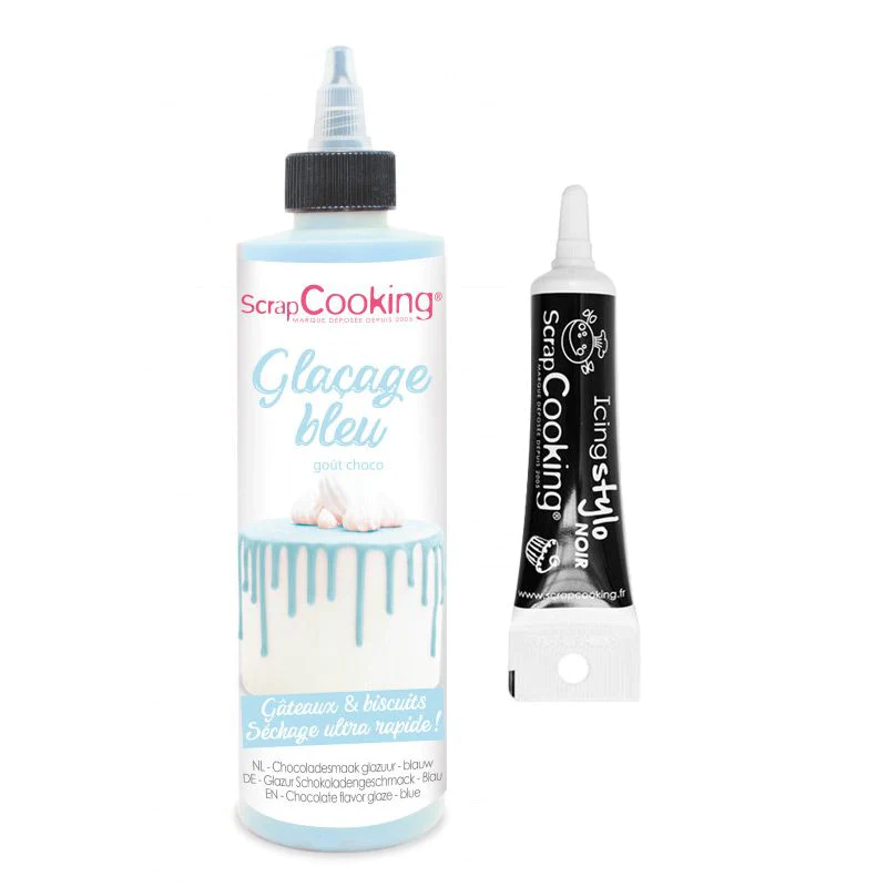 Glaçage goût chocolat 130 g bleu + Stylo de glaçage noir Scrapcooking