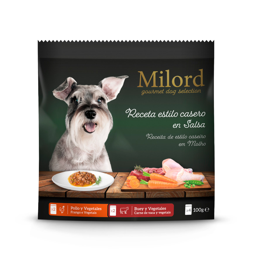 Pacote de sachês para cães Milord Homestyle de carne bovina e frango ao molho