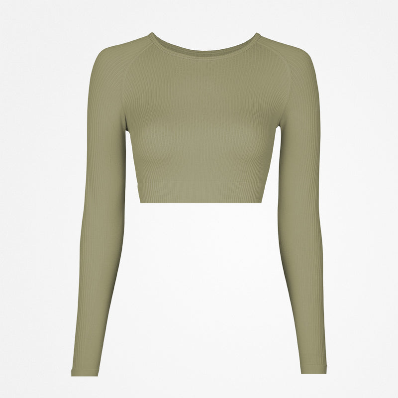 Geripptes Sportshirt langarm Damen aus recyceltem Polyamid Pastellgrün