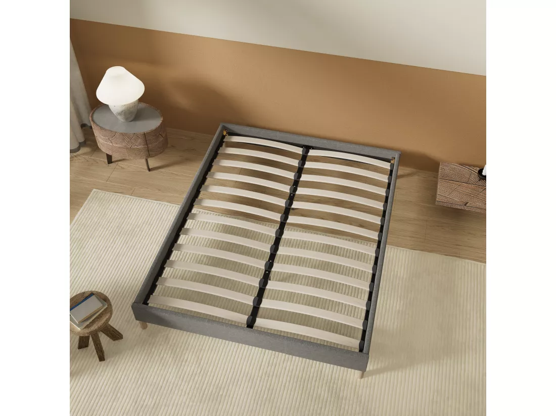 Sommier 140x200 cm, Revêtement en tissu Gris, Pieds en bois