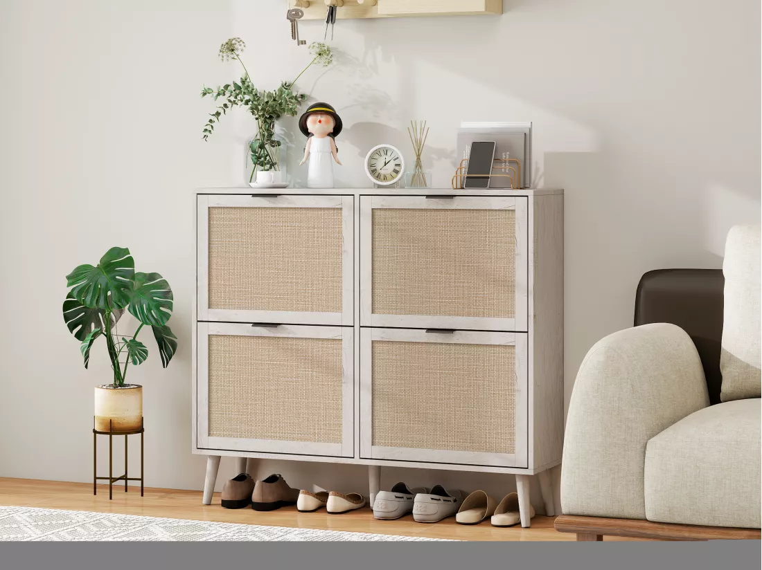 Meuble à chaussures rétro blanc à 4 portes, look en rotin, double étagère, 105 cm, avec fond arrière, idéal pour couloir et espaces similaires
