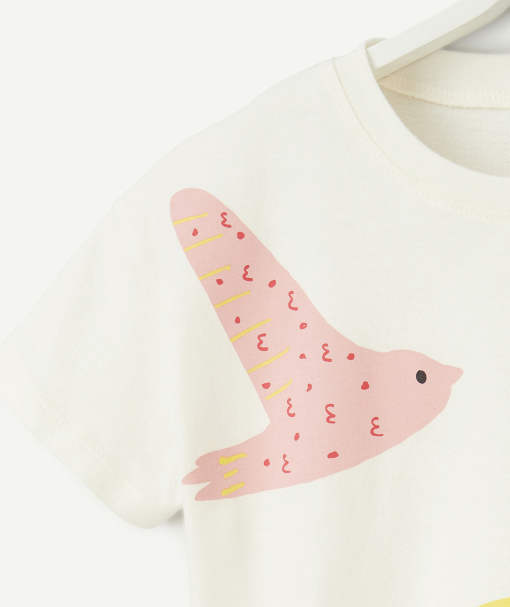 T-SHIRT MANCHES COURTES BÉBÉ FILLE EN COTON BIO ÉCRU MOTIF OISEAUX
