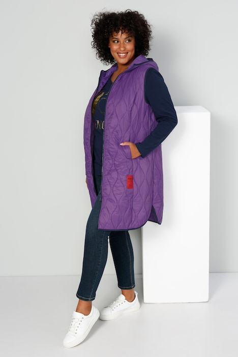 Long-Steppweste, Kapuze, Zipper