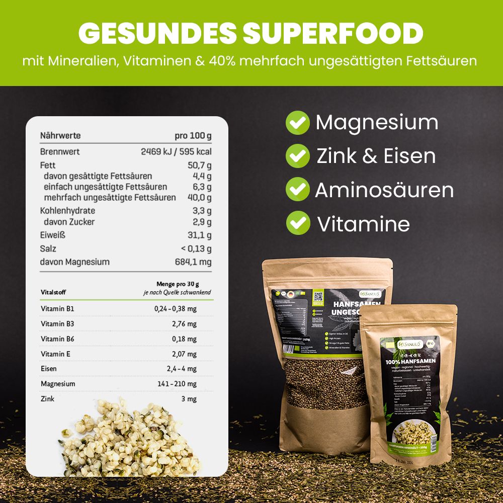 SANUUS® Bio Hanfsamen geschält 2x750g regional aus Bayern