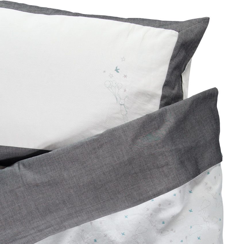 Set housse de couette et taie d'oreiller imprimé lapin et étoiles - Ecru