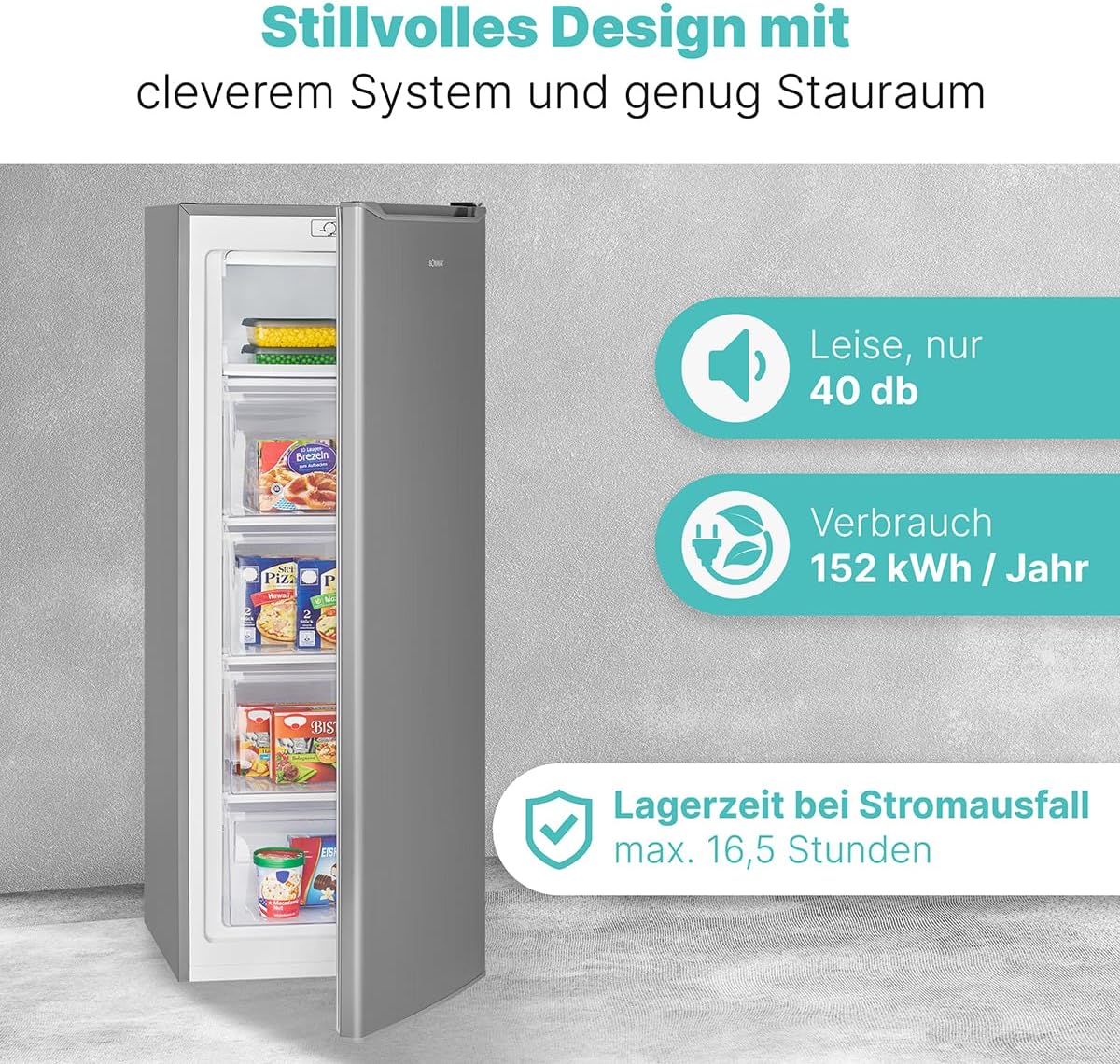 Bomann® Gefrierschrank 143cm | 4 Sterne-Gefrierfach | Temperaturbereich: ≤ -18°C | Tiefkühlschrank leise 40dB | wechselbarer Türanschlag | Gefrierschrank gross | 168L Freezer | GS 7364 inox