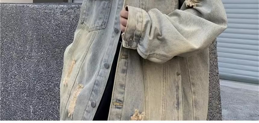 Lorencho - Gewassen, verweerde, oversized denim enkelrijsjas