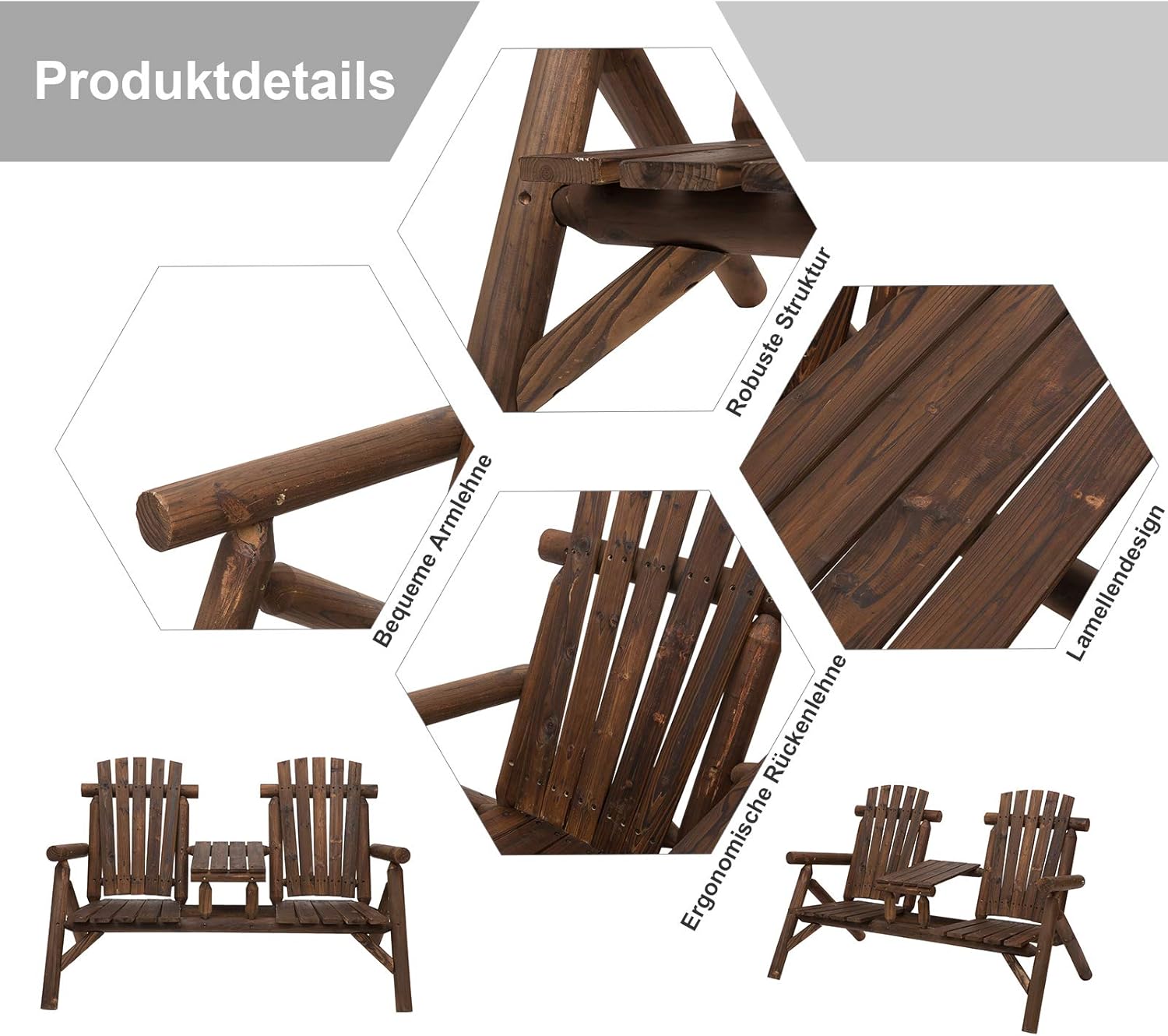 Outsunny Gartenbank mit Tisch, Gartenmöbel, Sitzbank, 2 Stühle, Massivholz, Braun, 157 x 88 x 103 cm