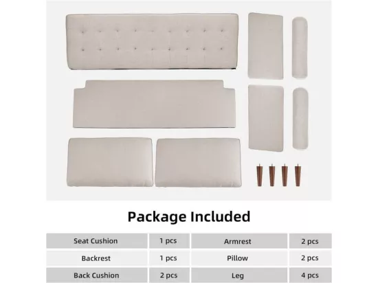 Canapé 3 places en tissu Lin beige - Scandinave - avec 2 Oreillers et Accoudoirs - Pieds bois massif - 173x77x84cm