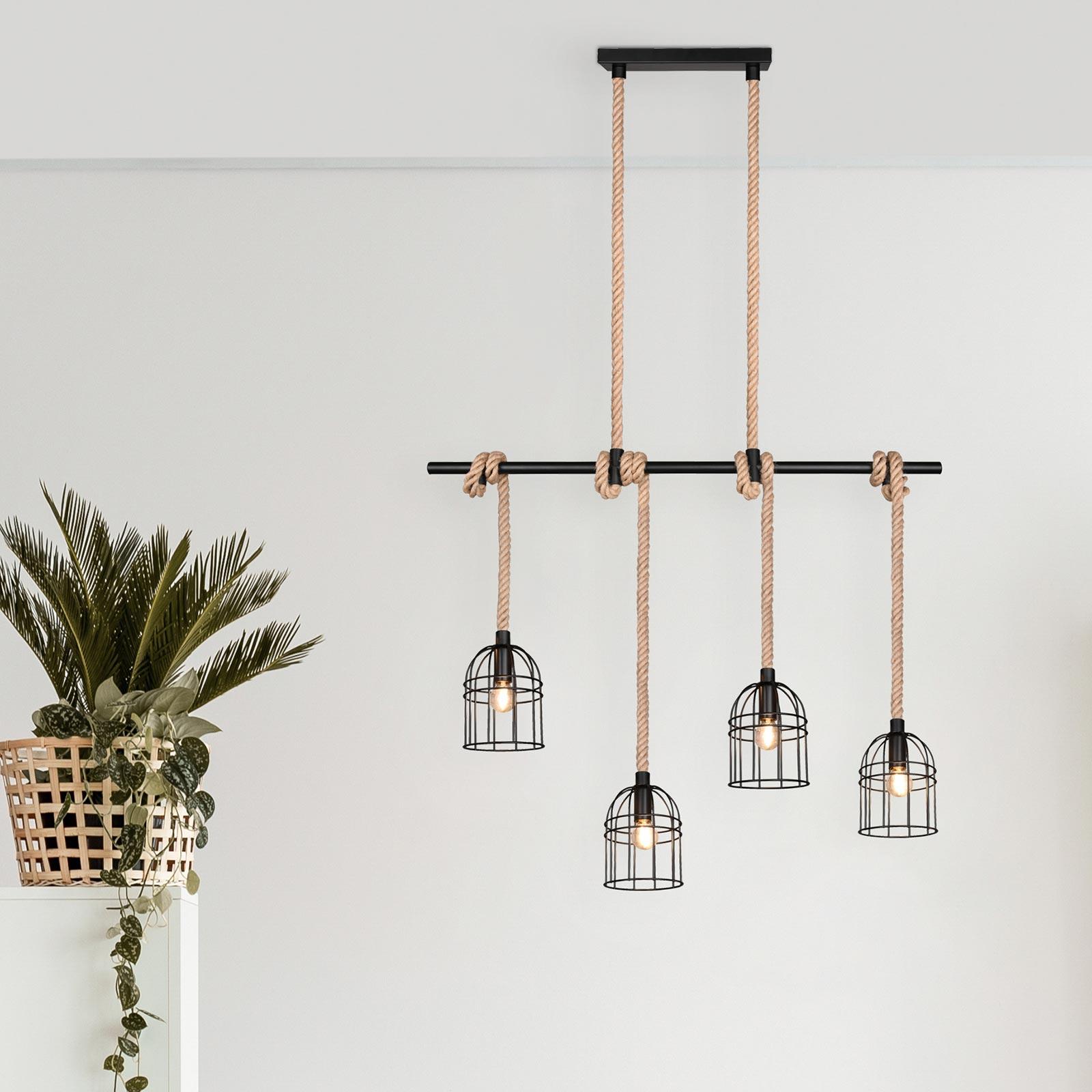 Pendelleuchte - schwarz matt-braun - Metall - Sisal - 4-flammig