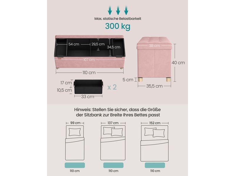 Songmics Sitztruhe Ottomane 110 x 40 cm, Rosa Sitzbank mit Stauraum