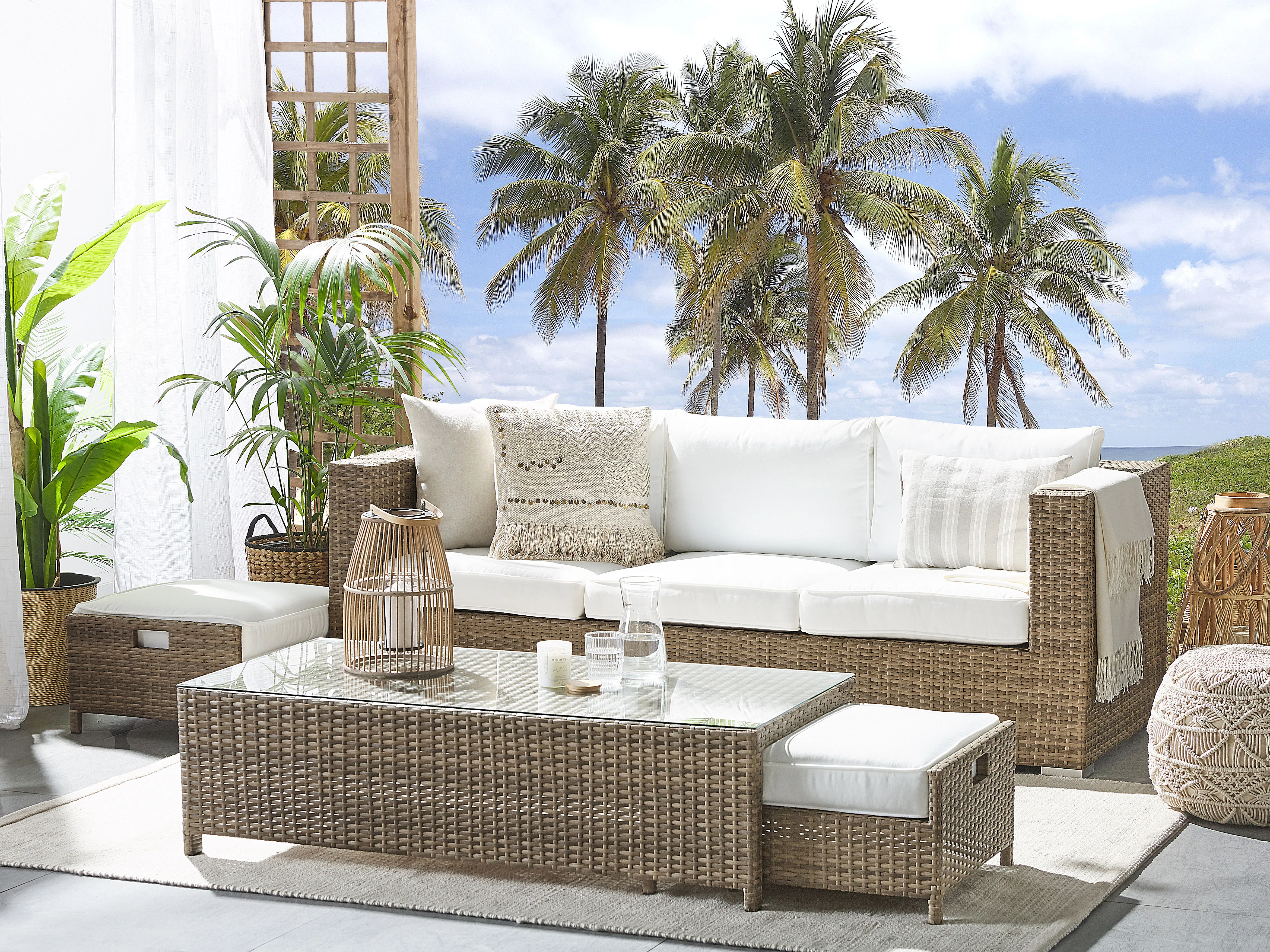 Loungeset met tafel en ottomaan 5-zits BELLUNO PE rotan Wit