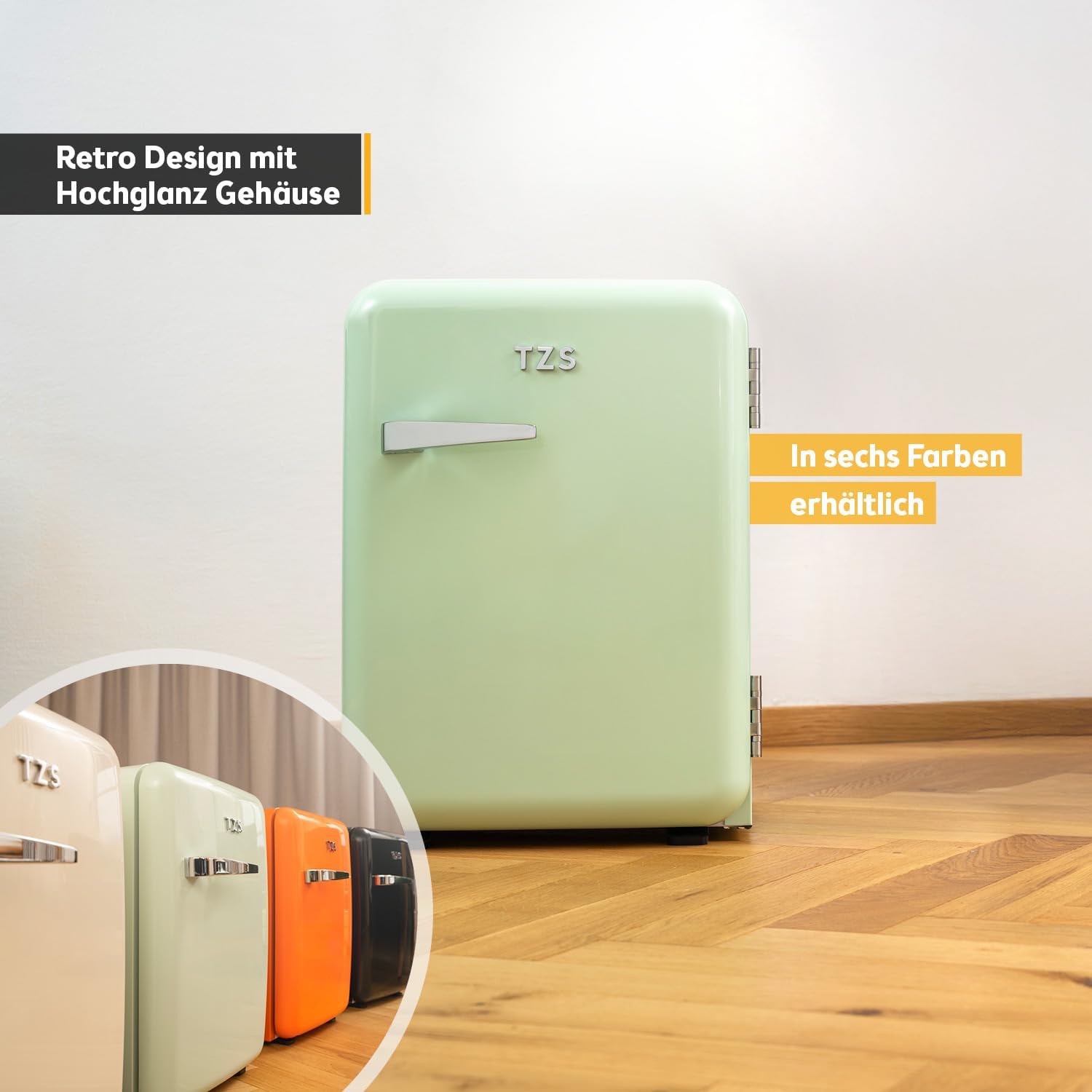 TZS First Austria - Retro Mini Kühlschrank 40L lautlos - Kleiner Minikühlschrank im Vintage-Design mit Innenbeleuchtung & 2 Türfächern - Minibar für Camping, Büro, Schlafzimmer & Hotel - mint