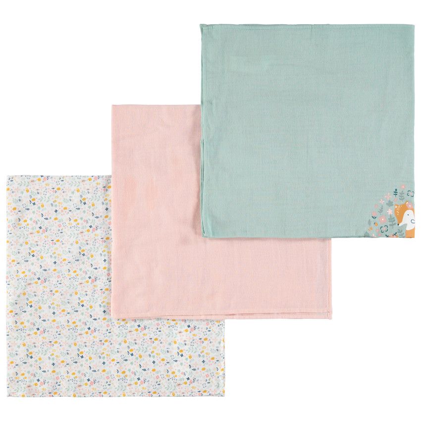 Set de 3 langes en coton à motifs animaux de la forêt - Rose