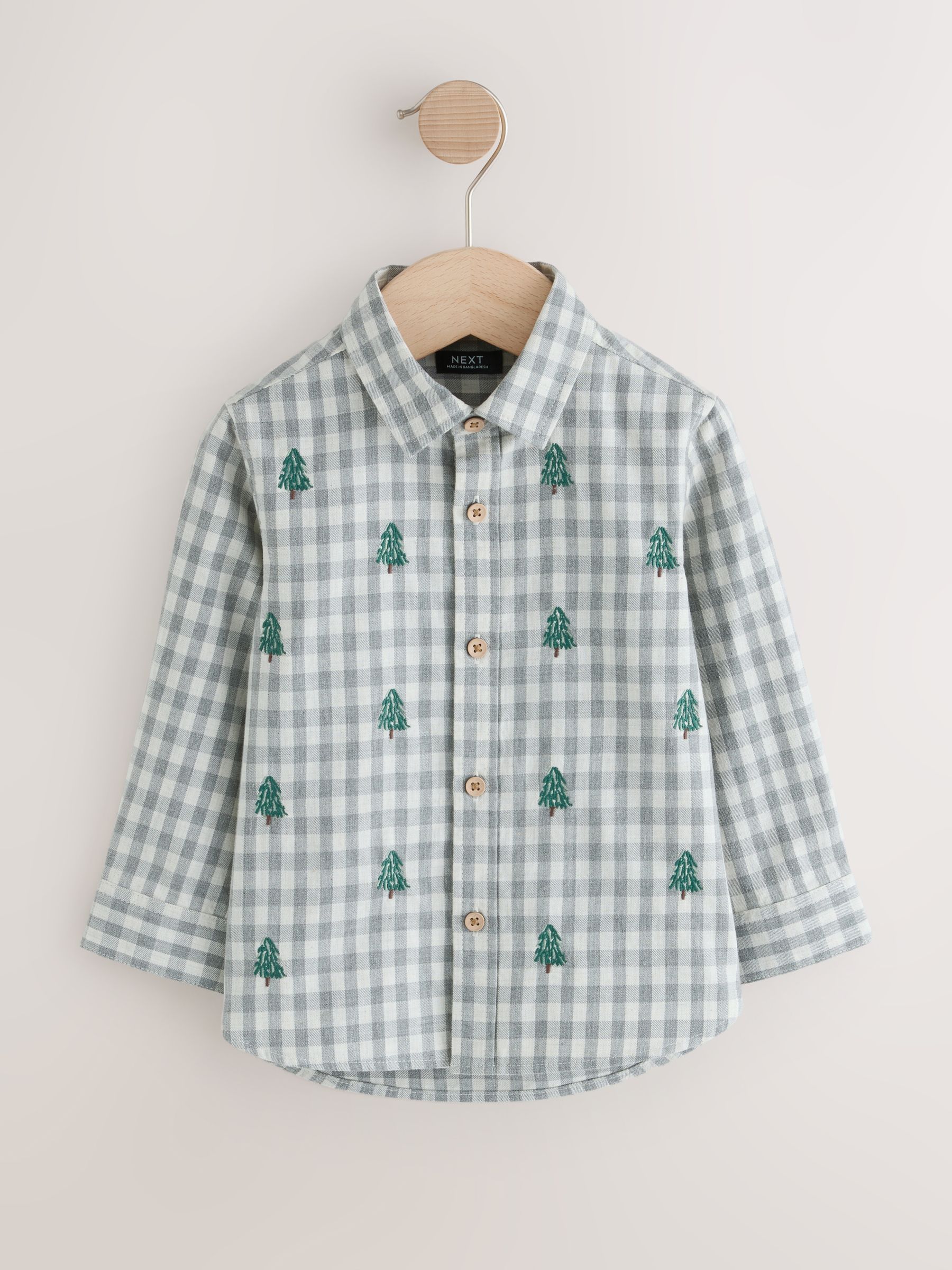 Grijs/ecru - Kerstshirt met lange mouwen, all-over borduursel en ginghamruit (3mnd-7jr)