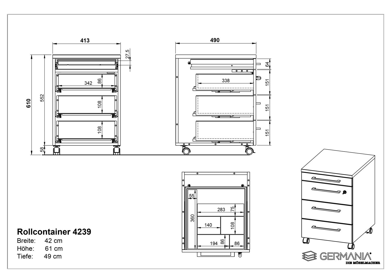 Rollcontainer ISORNO 42 x 61 cm Graphitgrau/ Eiche