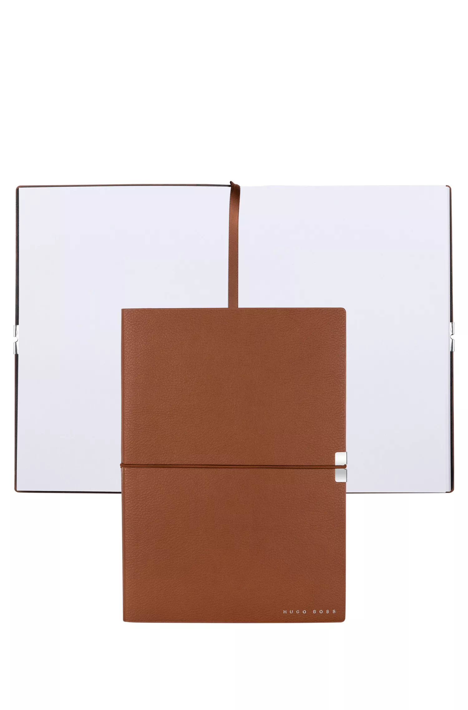 Caderno BOSS A5 preto em imitação de couro cor camelo com elástico.