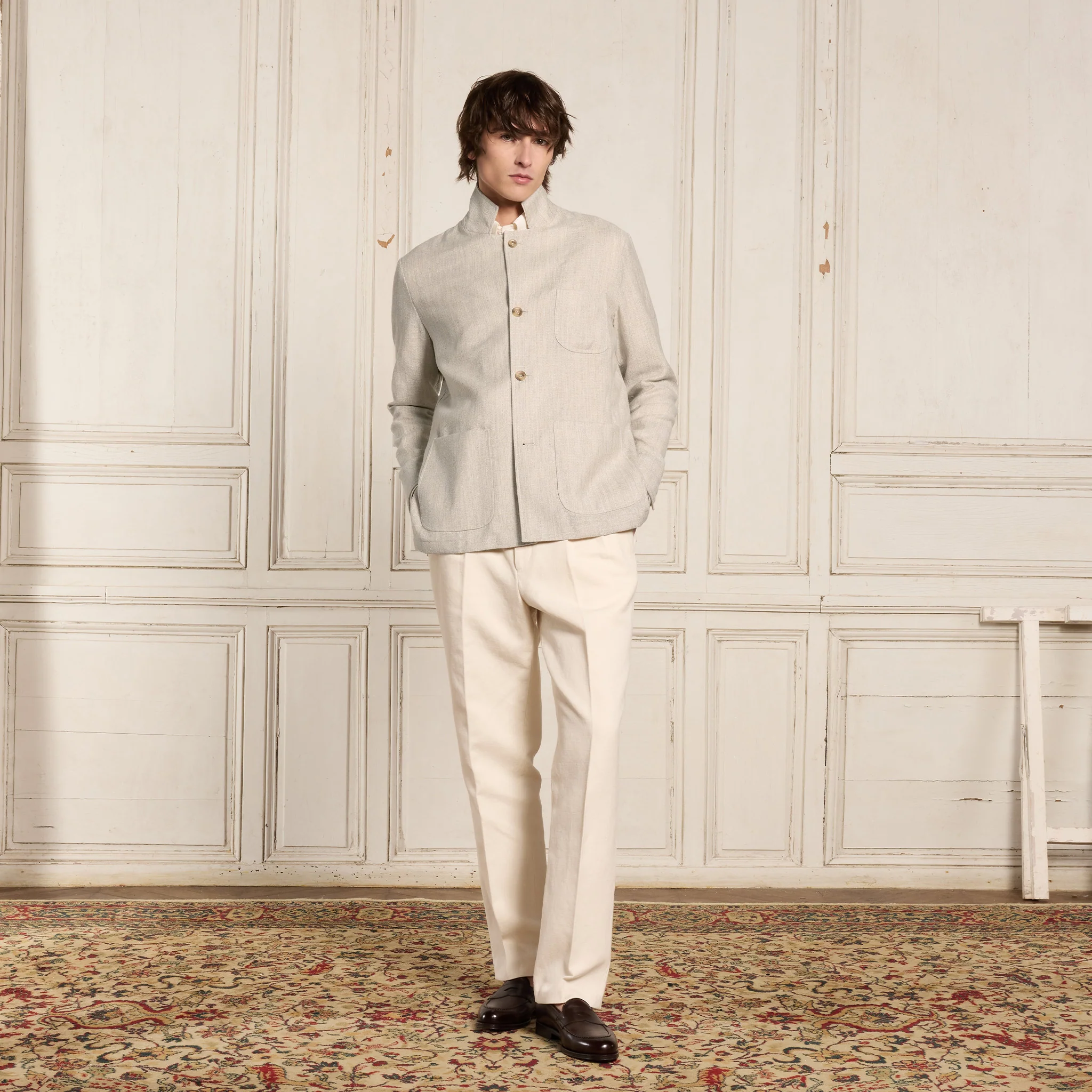 Unstructured suit jacket in mottled beige wool and linen