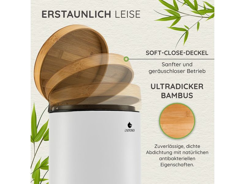 Exitoso Tretmülleimer mit Softclose-Deckel 5 l, Weiss Abfalleimer aus Bambus