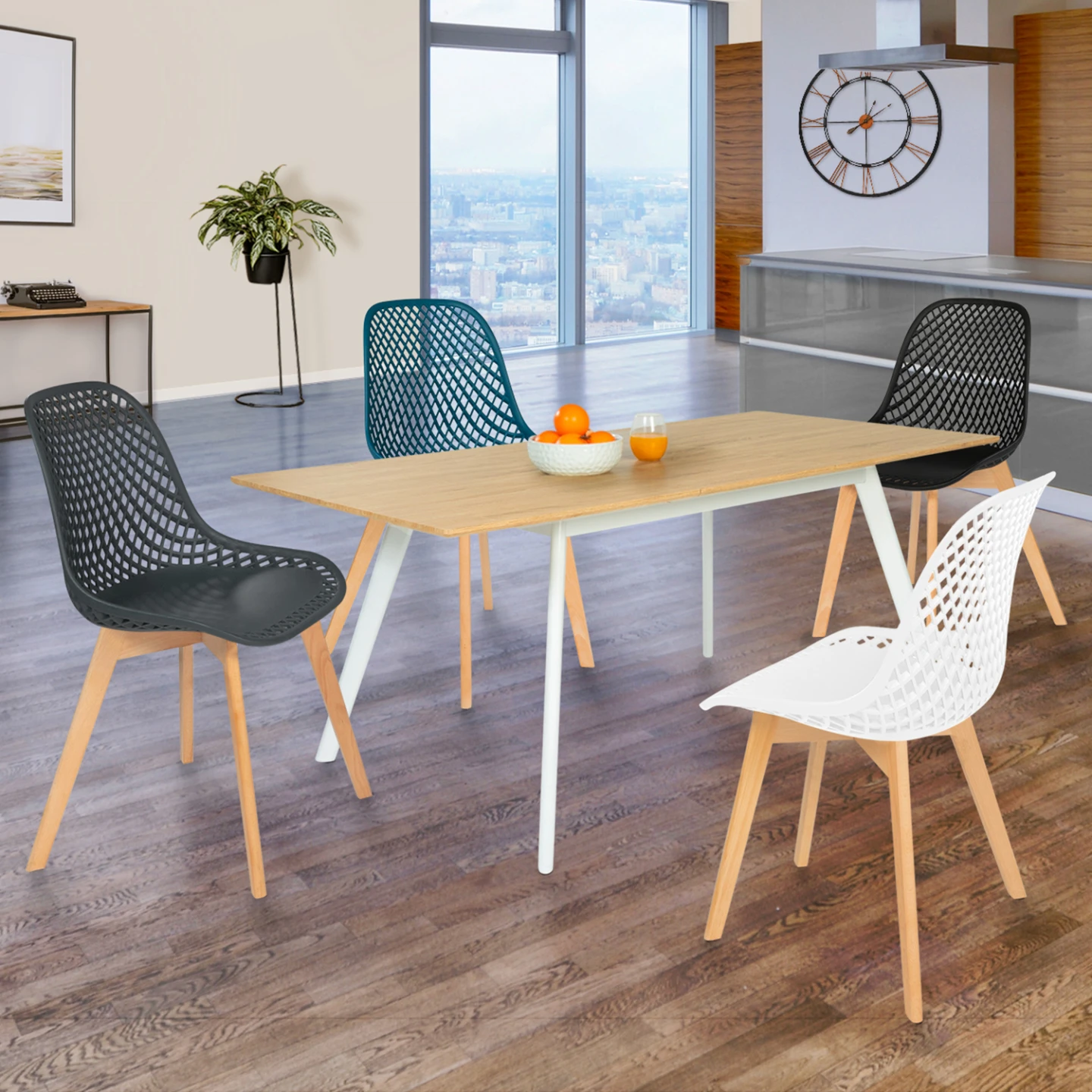 Lot de 4 chaises MANDY mix color blanc, gris, bleu canard et noir