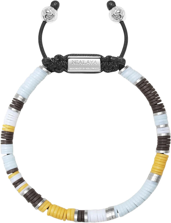 Nialaya Men's Beaded Bracelet with Blue, Brown, Orange, White and Stainless St Black