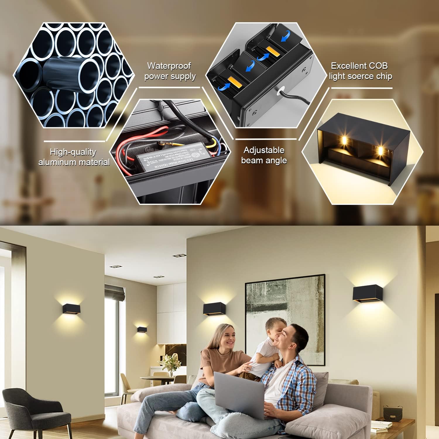 Kingwen 4 Stücke LED Wandleuchte Außen/Innen 20Watt Wandlampen Aussen Verstellbar Abstrahlwinkel Außenwandleuchte LED Außenlampe 3000K Warmweiß Wandleuchten Schwarz IP65
