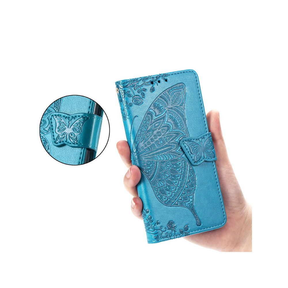 Samsung Galaxy S21 FE 5G Leder Tasche mit Kartenfach   Handschlaufe Schmetterling - Blau