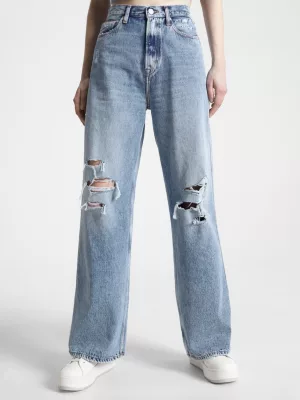 Calça jeans Claire de cintura alta, pernas largas e rasgos.