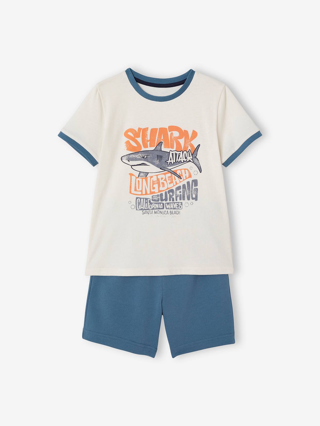 Conjunto de camiseta e shorts com estampa de tubarão para meninos, azul liso, tamanho médio.