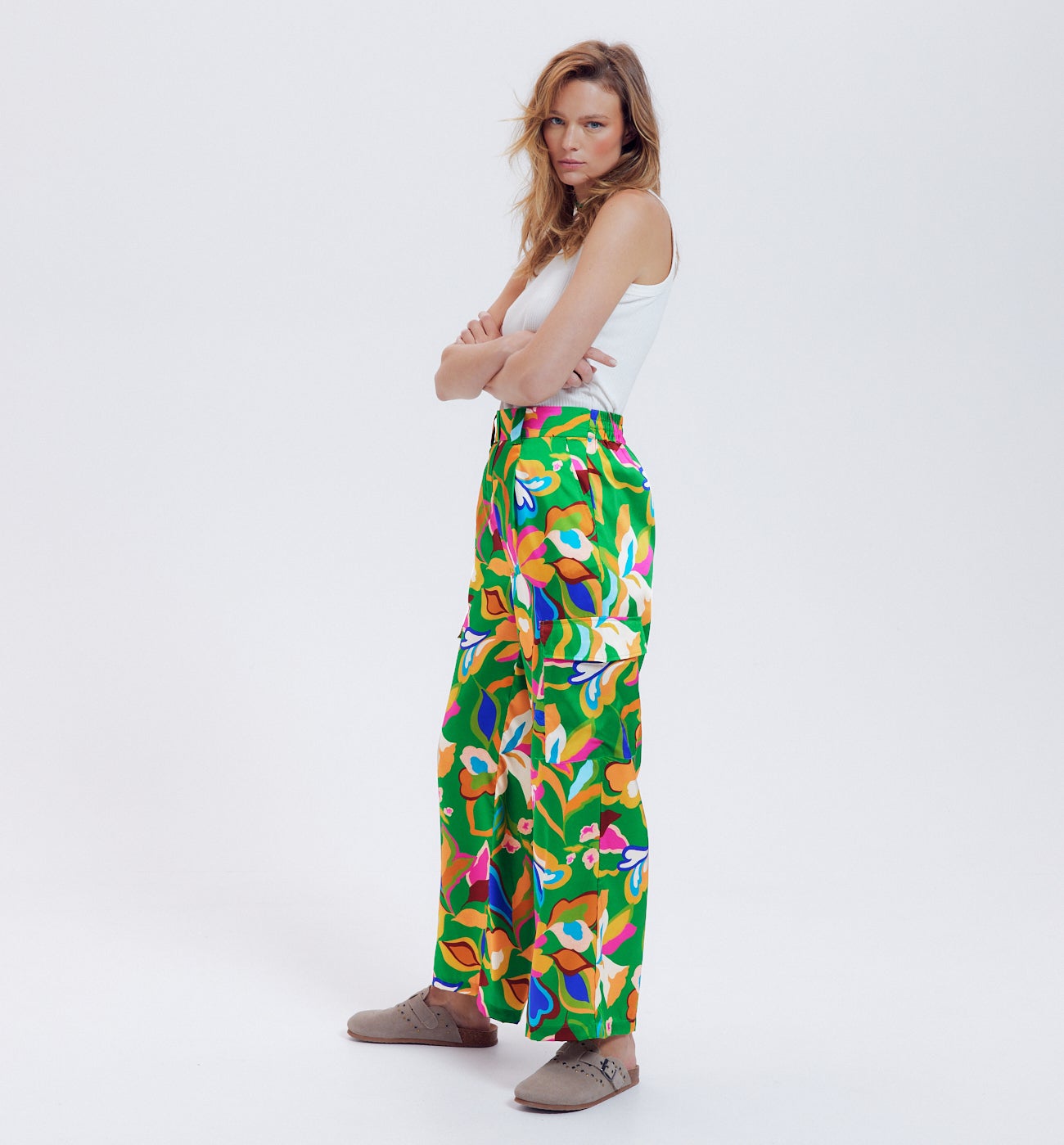 Pantalon cargo en satin Femme - Imprimé vert