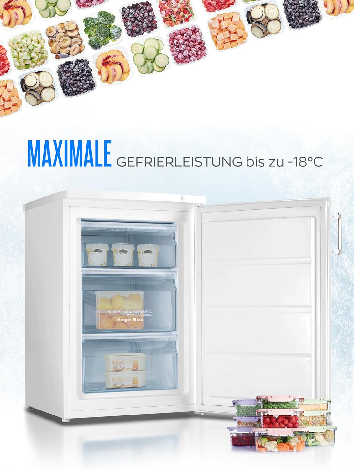 Heinrich´s Gefrierschrank, Mini, Temperatur:-18°C~-38°C, Freezer, 3x Gefrierschublade, Stufenloser Temperaturregler,Airflow, wechselbarer Türanschlag, 85 Liter Nutzinhalt, weiß