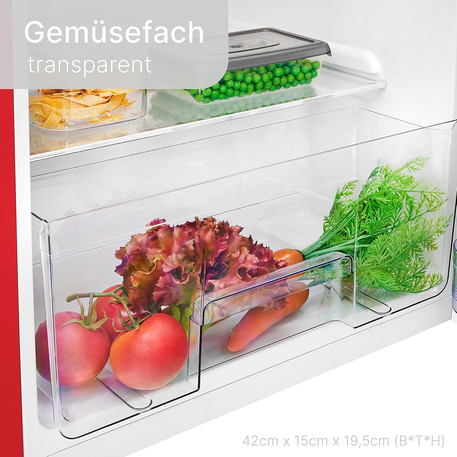 Bomann Retro Kühlschrank mit Gefrierfach | Vintage Kühlgefrierkombi Inhalt 208 L | Kühlen: 160 L, Gefrieren: 48 L | Retro-Fridge klein und leise | (H) 147 x (B) 54.5 x (T) 58.5 cm | DTR 353.1 rot