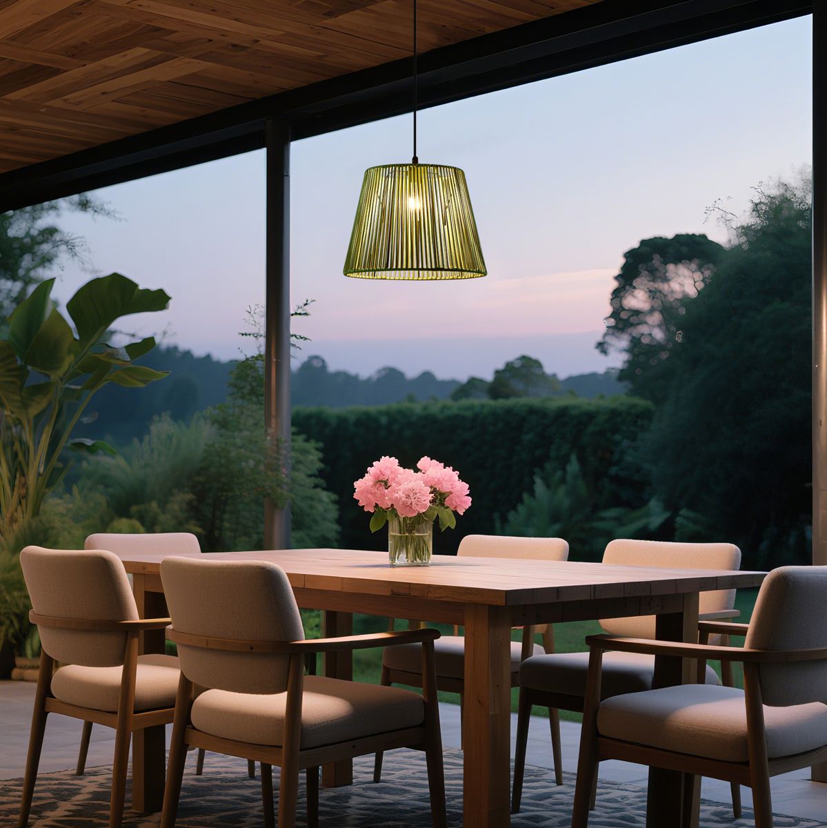 Buiten hanglamp zwart met groene kap van touw IP44 - Cava Jayla