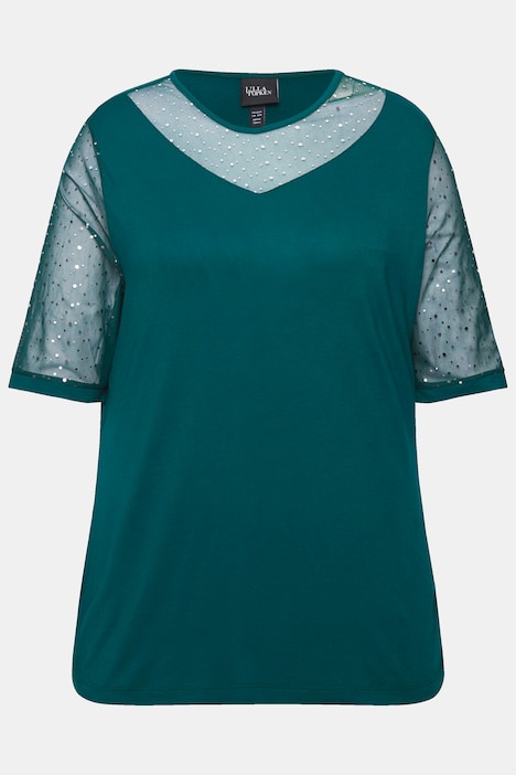 T-Shirt, Classic Fit, Mesh mit Pailletten, Jersey-Unterlage