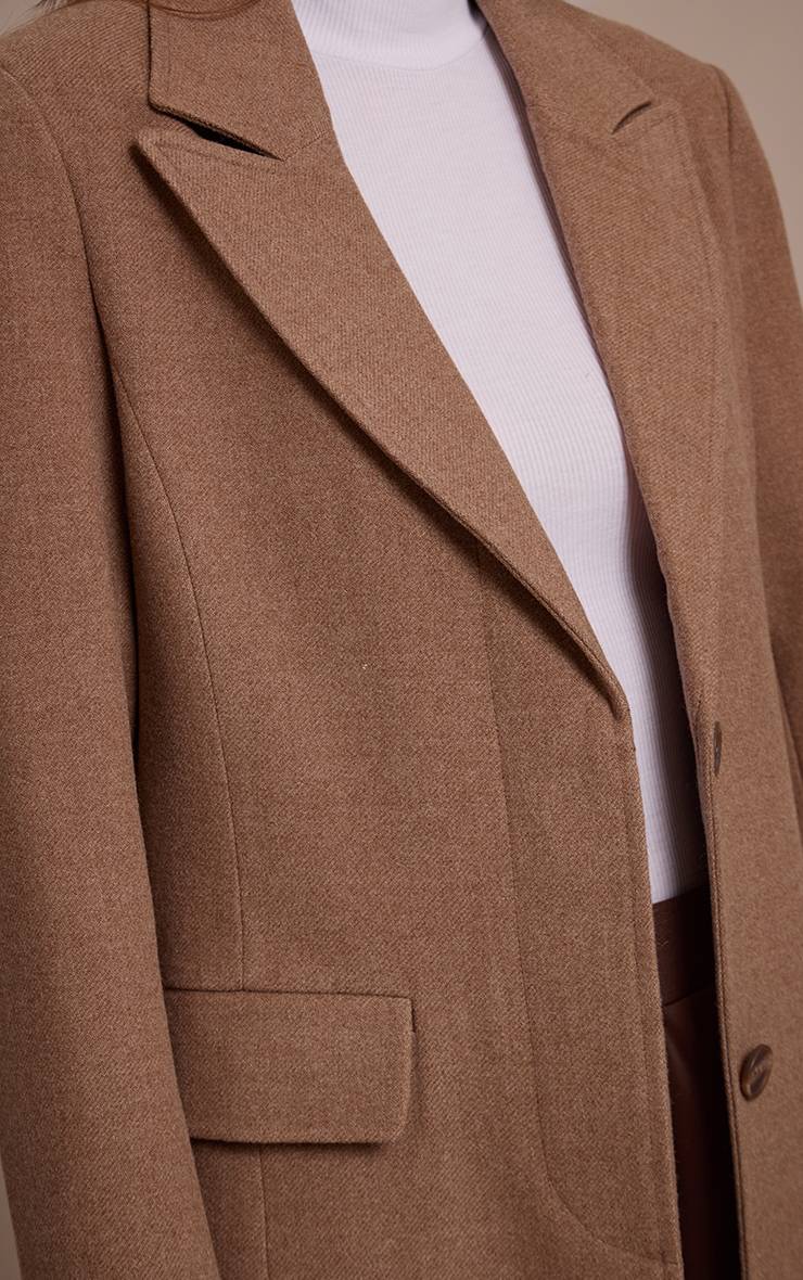 Taupe Manteau Long À Carreaux Aspect Laine Avec Détails De Coutures Et Boutonnage Simple
