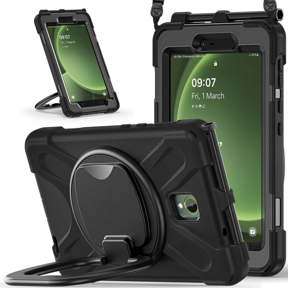 Samsung Galaxy Tab Active5 Hybrid Outdoor Silikon Case Hülle mit Aufsteller und Schultergurt - Schwarz