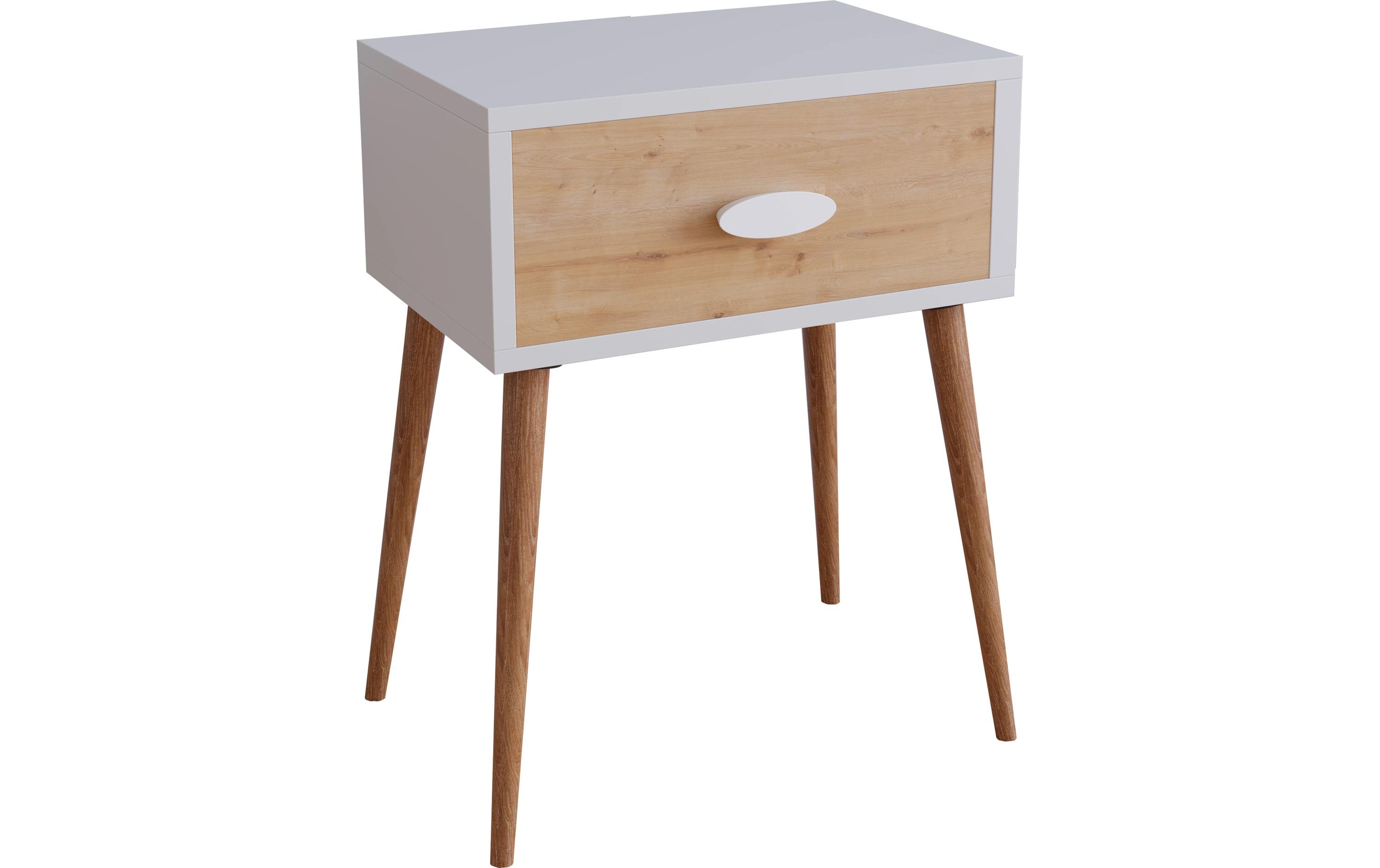Nachttisch Singol L 44.5 x 60 cm, Honig-Eiche/WeissNachtschrank im Retro-Design